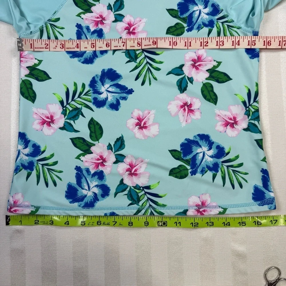 Miken Girls Tropical Flowers Rashguard Top Size XL 18-20 Blue Pink Long Sleeve